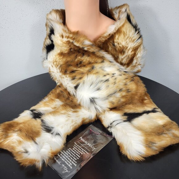 NWT~PAMELA MCCOY~BROWN BLACK FAUX FOX MINK FUR ANIMAL PRINT STOLE SCARF WRAP HAT - Picture 5 of 16